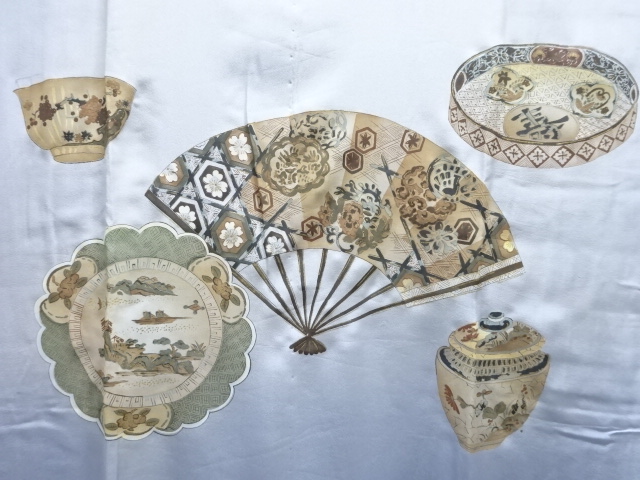 JAPANESE KIMONO / ANTIQUE MENS JUBAN / CERAMIC PATTERN FAN
